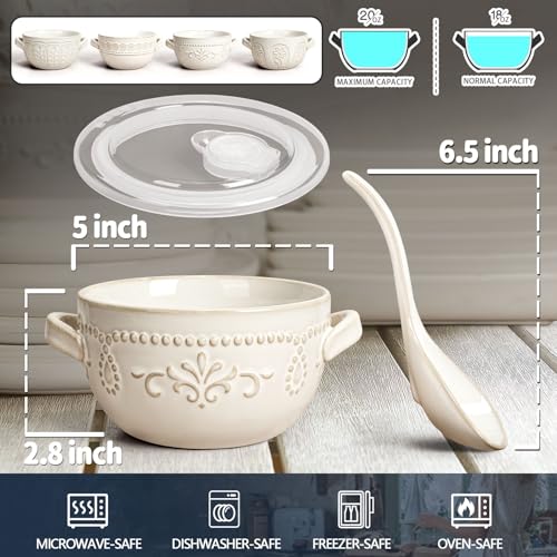 Artena French Onion Soup Bowls with Handles and lids & Spoons, 20 Oz Ceramic Soup Crocks Oven Safe Serving Bowls for Chili, Beef Stew, Cereal, Pot Pies, Embossment, Set of 4, White (Damask Floral) - Image 5