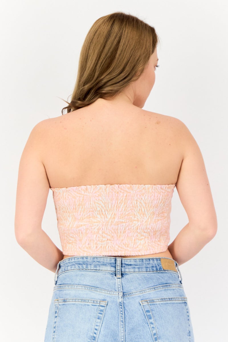 Cotton On Body Women Tie Neck Strapless Tropical Print Crop Top, Peach  - Image 2