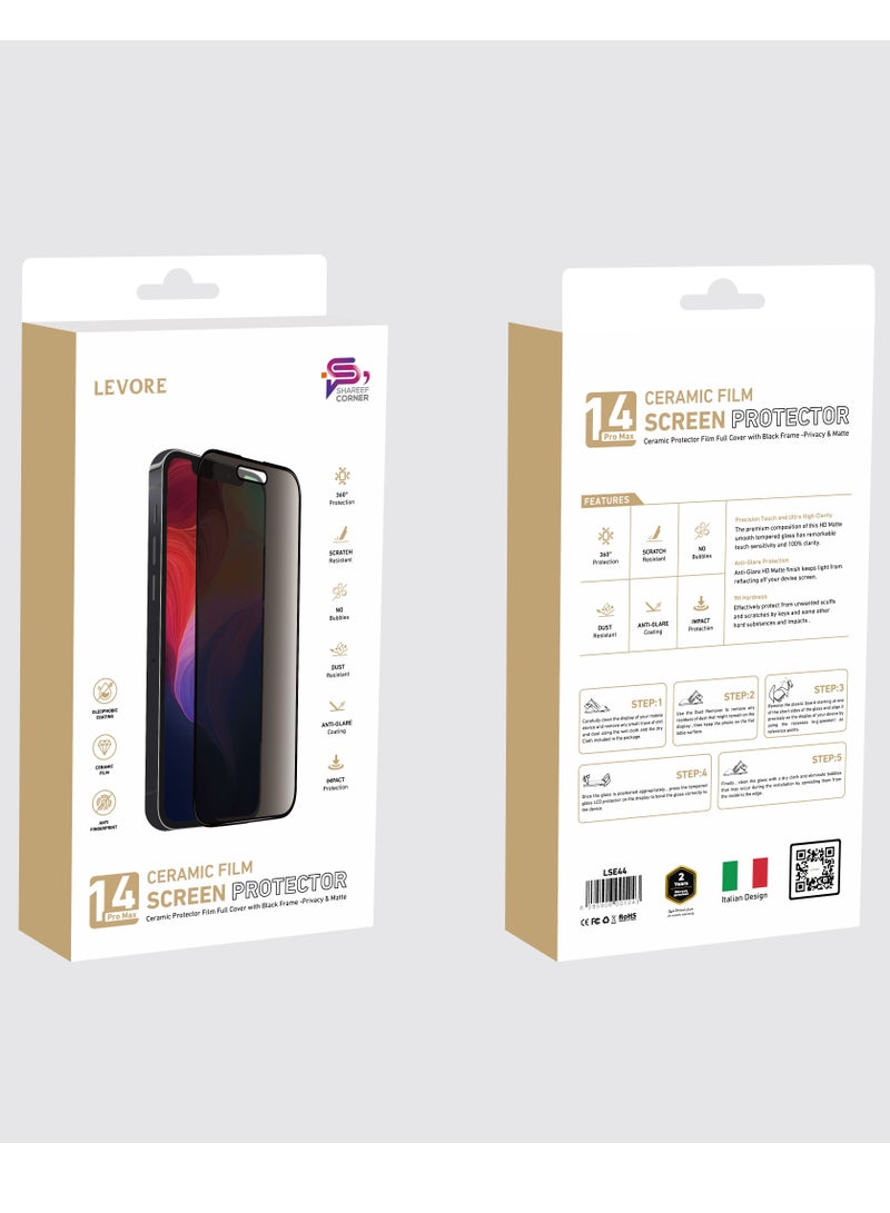 LEVORE Ceramic Protector Film for iPhone 14 Pro Max, Full Cover with Black Frame, Privacy & Matte  - Image 2