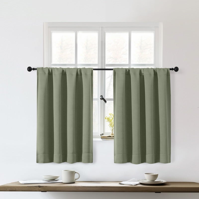 OWENIE Sally Sage Green Blackout Kitchen Curtains 36 Inch Length 2 Panels Set, Half Small Window Rod Pocket Room Darkening Curtains Tiers for Kitchen Bathroom, 2 Pcs Each W40 x L36 Inch, Sage Green - Image 1