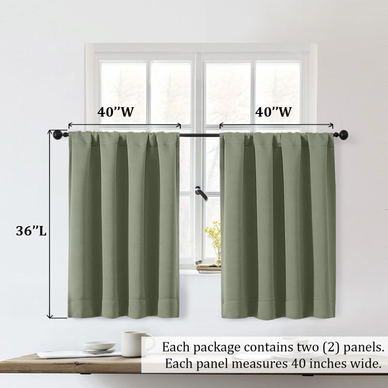 OWENIE Sally Sage Green Blackout Kitchen Curtains 36 Inch Length 2 Panels Set, Half Small Window Rod Pocket Room Darkening Curtains Tiers for Kitchen Bathroom, 2 Pcs Each W40 x L36 Inch, Sage Green - Image 5