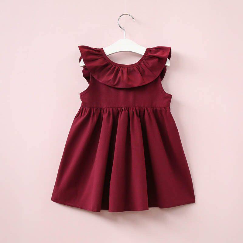 Girls Princess Dress with Bow and Pleated Skirt Solid Color - Image 2