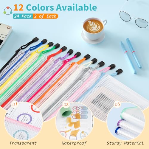Umriox 24 Pack 12 Colors Zipper Pouches for Organizing, Letter Size, A4 Size, Zipper Bags for Puzzles & Board Game Storage, Office Supplies Travel Toiletries - Image 2