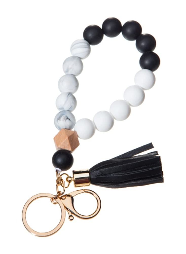 Generic Silicone Key Ring Bracelet Wristlet Keychain Unique Beaded Bangle Key Chains for Women with Leather Tassel  - Image 1
