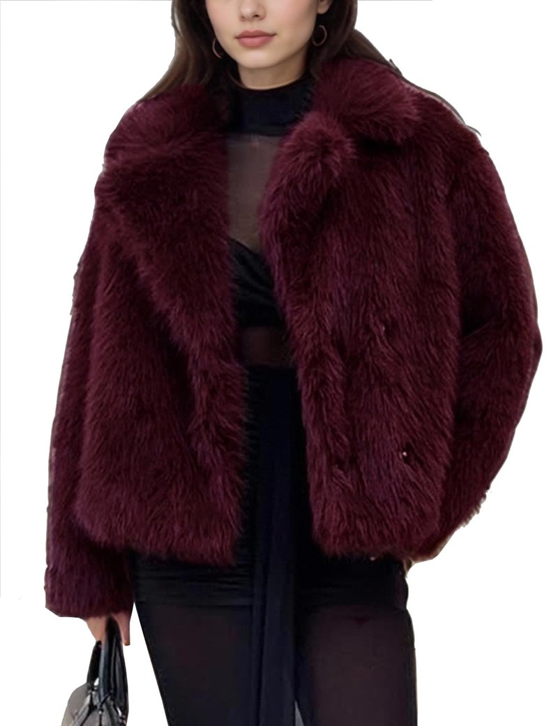 Yimoon Womens Faux Fur Coat Fluffy Jacket Long Sleeve Lapel Furry Warm Winter Shaggy Parka Short Coat with Pockets(WineRed-XL) - Image 1