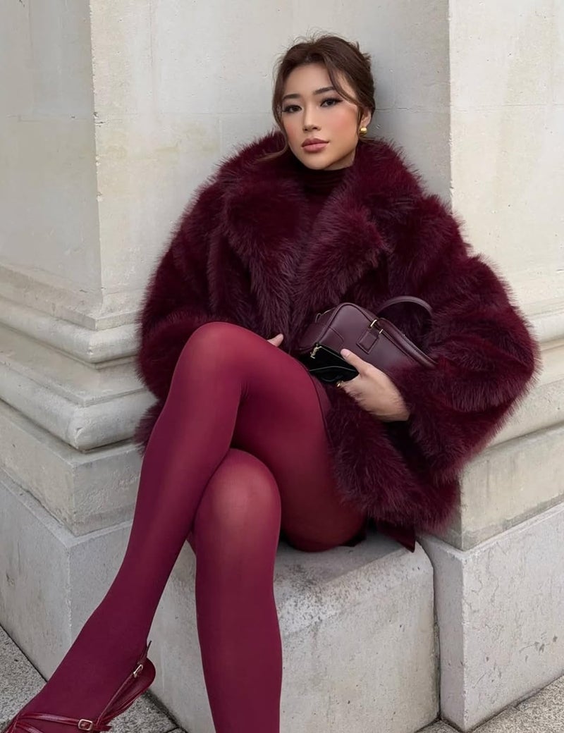 Yimoon Womens Faux Fur Coat Fluffy Jacket Long Sleeve Lapel Furry Warm Winter Shaggy Parka Short Coat with Pockets(WineRed-XL) - Image 5