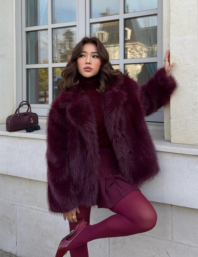 Yimoon Womens Faux Fur Coat Fluffy Jacket Long Sleeve Lapel Furry Warm Winter Shaggy Parka Short Coat with Pockets(WineRed-XL) - Image 2