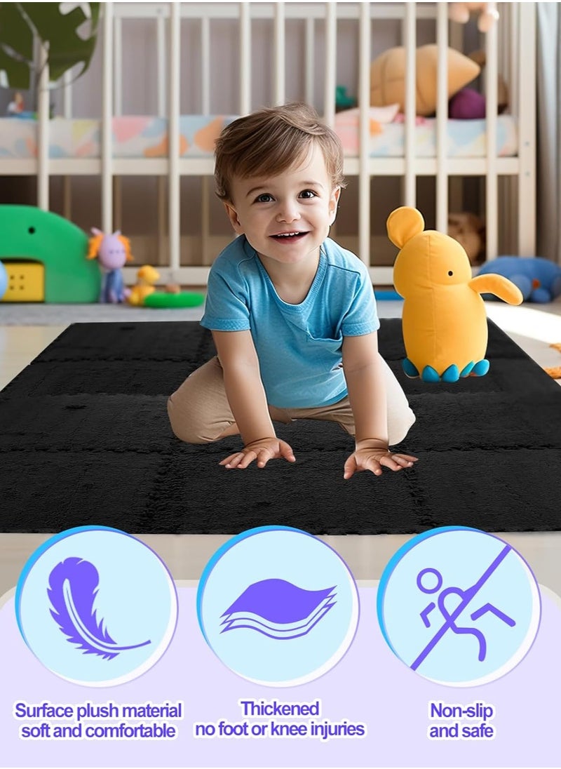 Jorunb - 12 pcs Thickened Plush Foam Interlocking Floor Mats, Interlocking Foam Tiles with Edgings for Kids, Soft Anti-Slip Puzzle Area Square Rug Playmat for Children Room Flat (10", Black) - Image 1