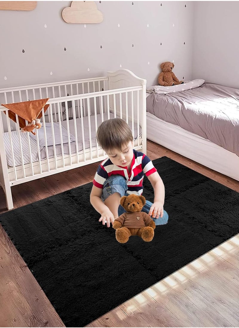 Jorunb - 12 pcs Thickened Plush Foam Interlocking Floor Mats, Interlocking Foam Tiles with Edgings for Kids, Soft Anti-Slip Puzzle Area Square Rug Playmat for Children Room Flat (10", Black) - Image 1