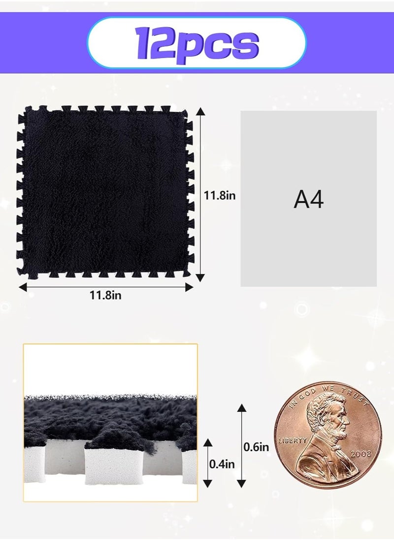 Jorunb - 12 pcs Thickened Plush Foam Interlocking Floor Mats, Interlocking Foam Tiles with Edgings for Kids, Soft Anti-Slip Puzzle Area Square Rug Playmat for Children Room Flat (10", Black) - Image 1