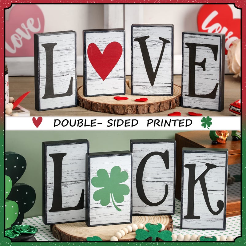 NEWLIGHTURE Valentine's Day D?cor 4 PCS Reversible St. Patrick's Day Wood Signs Tiered Tray Mantle Shelf D?cor for Valentine Farmhouse Heart Shamrocks Wood Blocks - Image 2