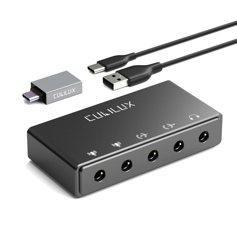Cubilux CB5 USB Audio Interface for Recording, Streaming, Podcasting, USB to 3.5mm Sound Card with Stereo Microphone Input, Line-In, Line-Out & Headphone Jack for Monitors, Support Windows & Mac OS - Image 1