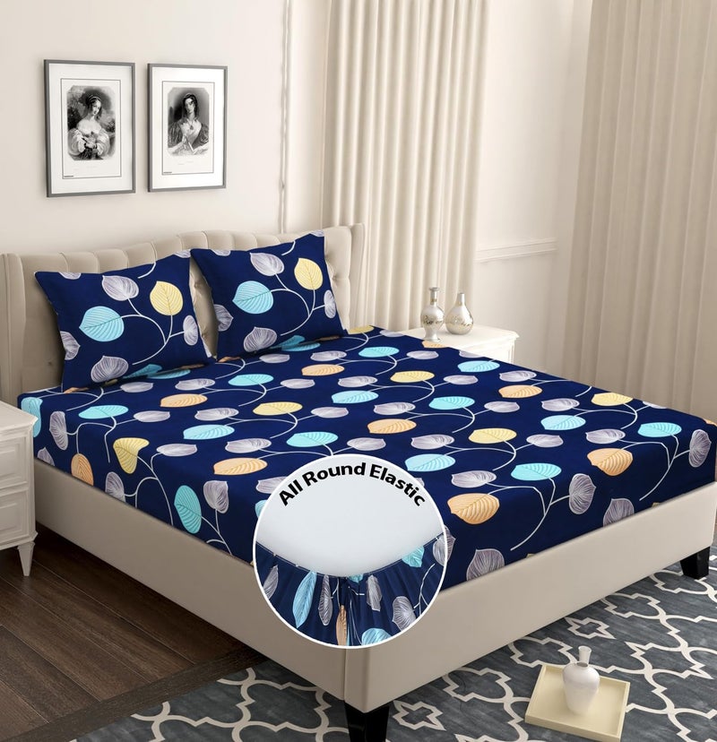 BSB HOME Premium Cotton 160 TC 210Tc Elastic Fitted Bedsheets with 2 Pillow Covers|Double Bed with Corner Elastic Wrinkelfree Supersoft Floral Pattren Breathable |Size-72X68+ 6 Inches |Multicolour5 - Image 1