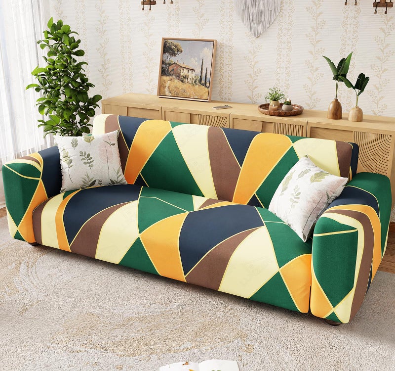 Lukzer 4 Seater Geometric Universal Sofa Cover | 360° Fully Covered Anti-Slip Washable Couch Cover Protecter | 140 GSM Stretch Fit Polyester + Spandex Slipcover (230-300cm/SC-036-04) - Image 1
