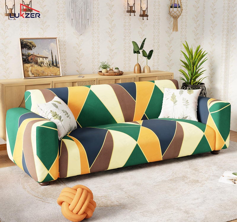 Lukzer 4 Seater Geometric Universal Sofa Cover | 360° Fully Covered Anti-Slip Washable Couch Cover Protecter | 140 GSM Stretch Fit Polyester + Spandex Slipcover (230-300cm/SC-036-04) - Image 4