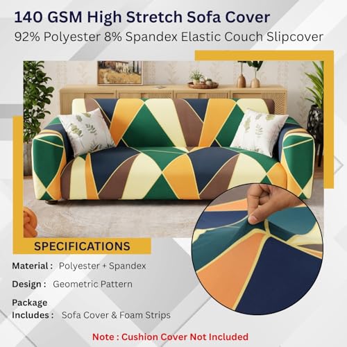 Lukzer 4 Seater Geometric Universal Sofa Cover | 360° Fully Covered Anti-Slip Washable Couch Cover Protecter | 140 GSM Stretch Fit Polyester + Spandex Slipcover (230-300cm/SC-036-04) - Image 5