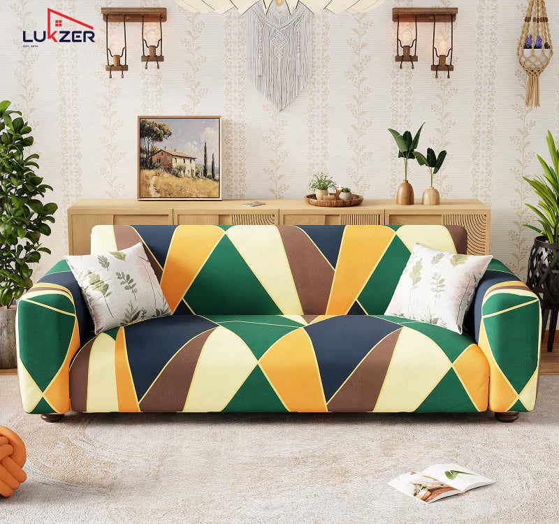 Lukzer 4 Seater Geometric Universal Sofa Cover | 360° Fully Covered Anti-Slip Washable Couch Cover Protecter | 140 GSM Stretch Fit Polyester + Spandex Slipcover (230-300cm/SC-036-04) - Image 3