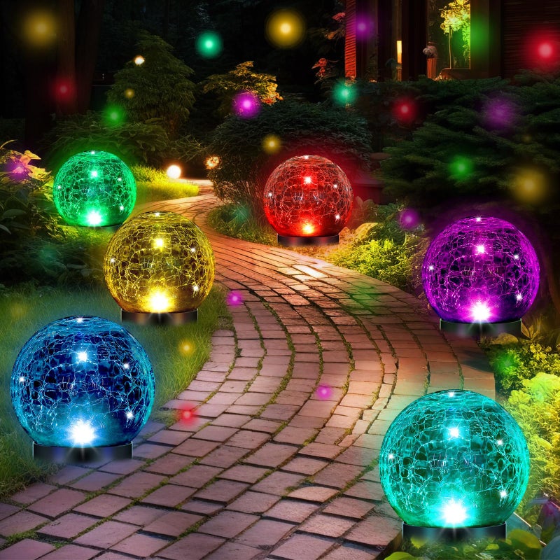 Glooglitter 6 Pcs Extra Large Solar Globes Lights Outdoor Cracked Glass Ball Solar Light Multi Color Pre Lit Crystal Waterproof Lawn Globes for Yard Landscape Garden Decor (4.72") - Image 1