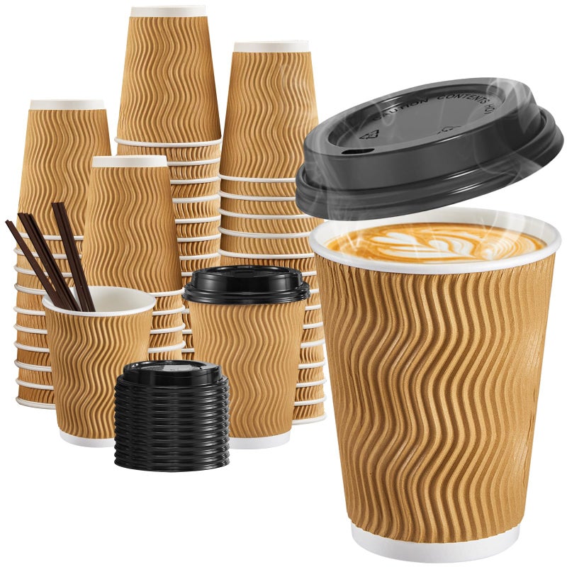 SIUQ 12 oz Coffee Cups90 Pack Disposable Coffee Cups with Lids and Straws Insulated Ripple Wall To Go Paper Coffee Cup for Coffee Hot Chocolate and Hot Tea Drinks Champagne
