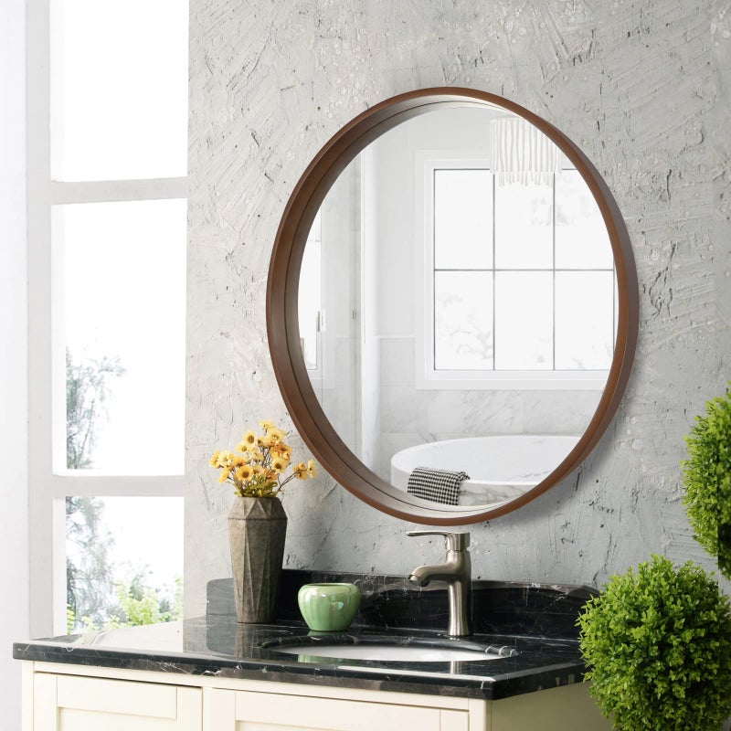WallBeyond Circle Mirror with Wood Frame, 28" Round Modern Decoration Large Home Decor Mirror for Bathroom Living Room Bedroom Entryway (28" Diameter, Walnut) - Image 3