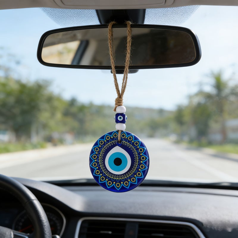 Natural Hemp Rope Devil Eye Car Pendant 3.15 Inch Single Sided Charm - Image 1