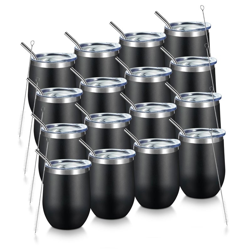 COMOOO 12oz Stainless Steel Wine Tumbler Lid and Straw Double Wall Vacuum Insulated Wine Tumbler Cup Stemless Wine Tumbler for Cold and Hot Drinks Coffee Wine Cocktails Black16 pack