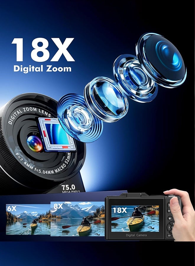 Generic 5K Digital Camera, 75MP Cameras Digital for Photography, 18X Zoom Point and Shoot Camara Vlogging for YouTube with 3" 180° Flip Screen, Vlogging Camera for Beginner Gift, with a wide-angle lens  - Image 3