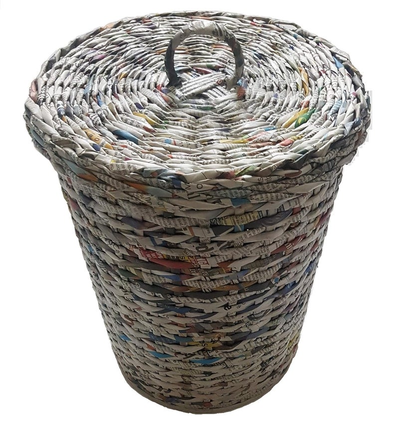 Sonas Creation Paperus Standard Size 11 Inch Tall 10 Liter Natural Pull Out Waste Basket with Cover Dustbin with Lid Trashcan Paper Bin Ecofriendly Handmade of Paper Ropes - Image 1