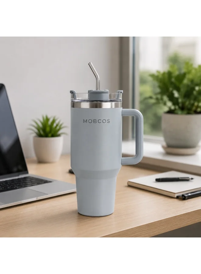 Mobcos Mobcos Gray Plain Tumbler 1200ml Mobcos Plain Insulated Travel Tumbler 1200ml | Stainless Steel Vacuum Flask with Handle, Straw & Leakproof Lid | Reusable Coffee Mug | Water Bottle | Gray  | Best Price UAE