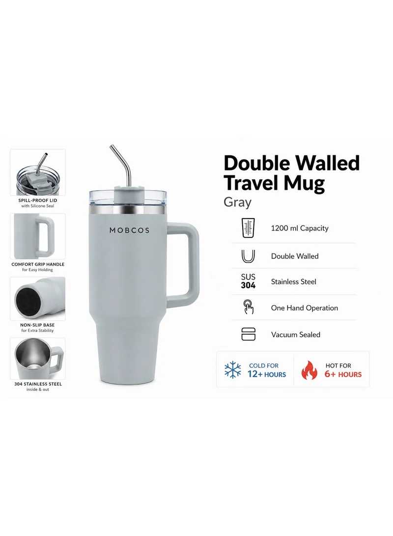 Mobcos Mobcos Gray Plain Tumbler 1200ml Mobcos Plain Insulated Travel Tumbler 1200ml | Stainless Steel Vacuum Flask with Handle, Straw & Leakproof Lid | Reusable Coffee Mug | Water Bottle | Gray  | Best Price UAE