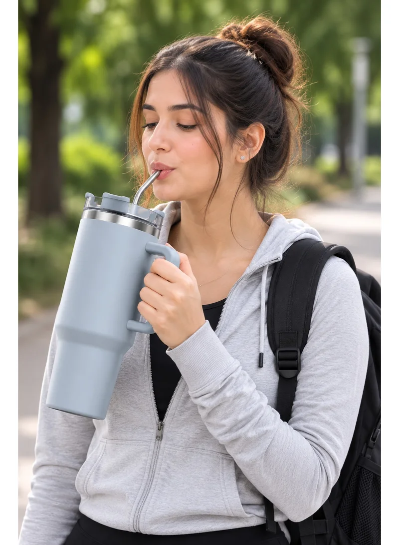 Mobcos Mobcos Gray Plain Tumbler 1200ml Mobcos Plain Insulated Travel Tumbler 1200ml | Stainless Steel Vacuum Flask with Handle, Straw & Leakproof Lid | Reusable Coffee Mug | Water Bottle | Gray  | Best Price UAE