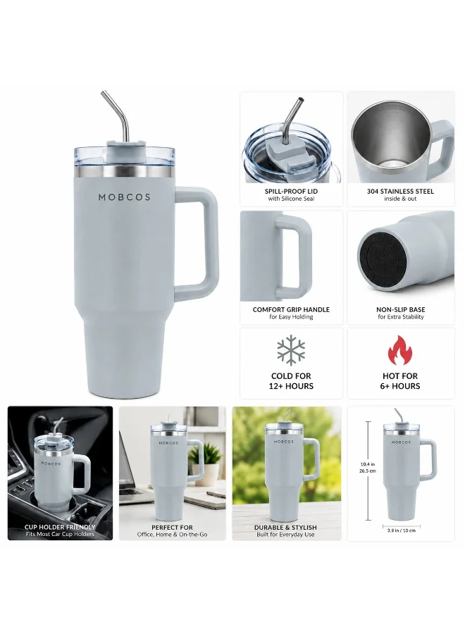 Mobcos Mobcos Plain Insulated Travel Tumbler 1200ml | Stainless Steel Vacuum Flask with Handle, Straw & Leakproof Lid | Reusable Coffee Mug | Water Bottle | Gray