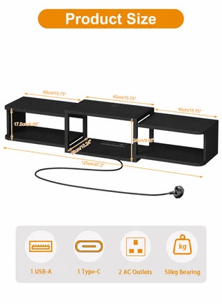 120cm Wall-Mounted Floating TV Stand with LED Lighting – Modern Wooden Media Console Shelf with Built-in USB Ports and Electrical Outlets, Under-TV Storage for Living Room, Bedroom, Black - view 3