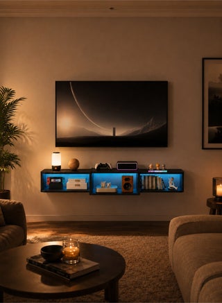120cm Wall-Mounted Floating TV Stand with LED Lighting – Modern Wooden Media Console Shelf with Built-in USB Ports and Electrical Outlets, Under-TV Storage for Living Room, Bedroom, Black - view 4