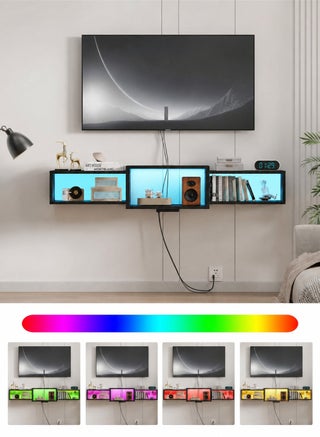 120cm Wall-Mounted Floating TV Stand with LED Lighting – Modern Wooden Media Console Shelf with Built-in USB Ports and Electrical Outlets, Under-TV Storage for Living Room, Bedroom, Black - view 5