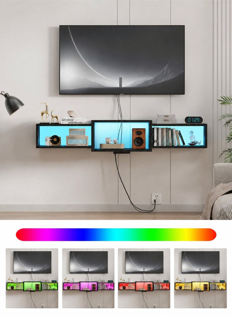 يانارا 120 سم حامل تلفزيون طائر مثبت على الحائط بإضاءة LED – رف كونسول وسائط عصري من الخشب مع منافذ USB وكهرباء مدمجة، تخزين أسفل التلفزيون لغرفة المعيشة وغرفة النوم، لون أسود - Image 5