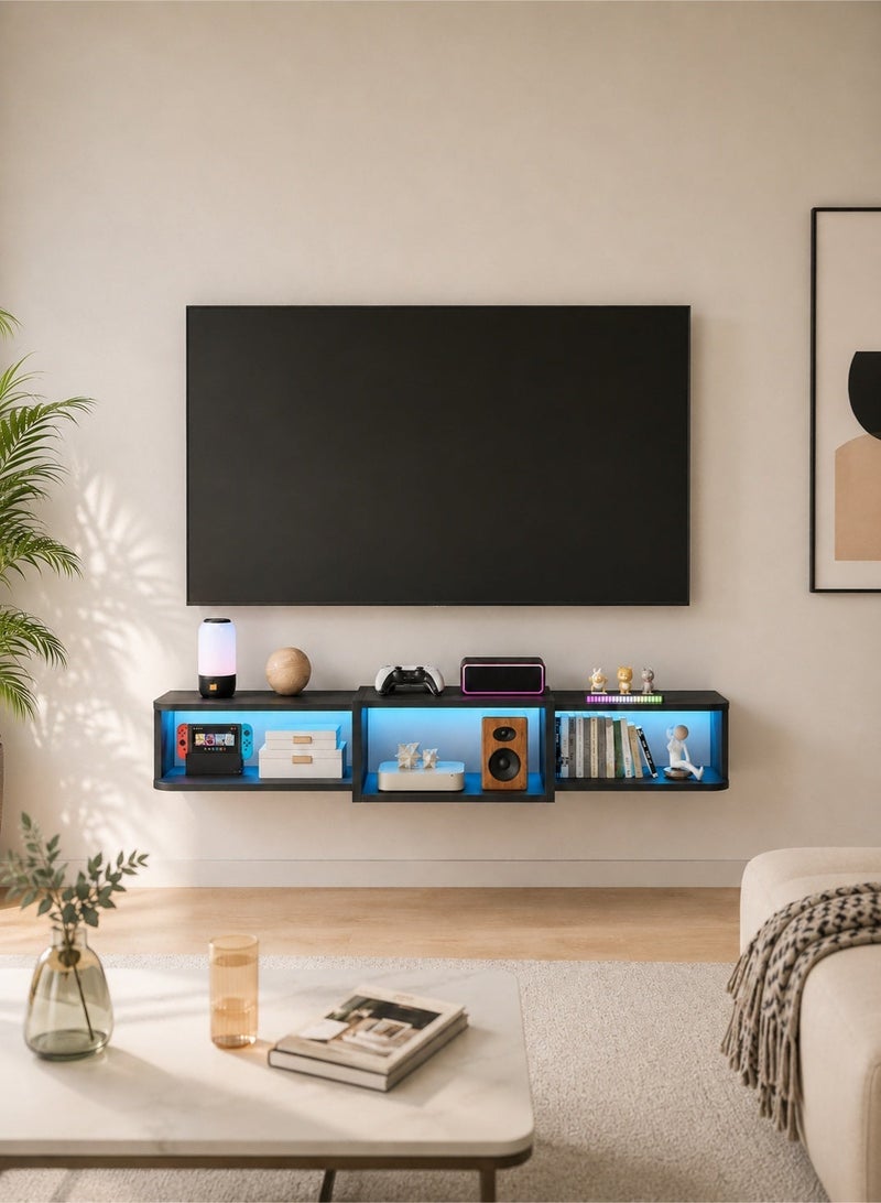 يانارا 120 سم حامل تلفزيون طائر مثبت على الحائط بإضاءة LED – رف كونسول وسائط عصري من الخشب مع منافذ USB وكهرباء مدمجة، تخزين أسفل التلفزيون لغرفة المعيشة وغرفة النوم، لون أسود - Image 1
