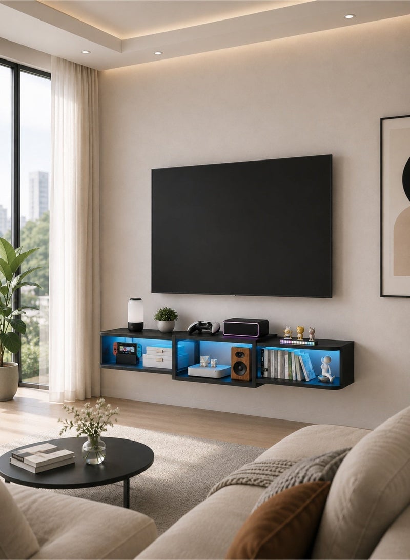 يانارا 120 سم حامل تلفزيون طائر مثبت على الحائط بإضاءة LED – رف كونسول وسائط عصري من الخشب مع منافذ USB وكهرباء مدمجة، تخزين أسفل التلفزيون لغرفة المعيشة وغرفة النوم، لون أسود - Image 2