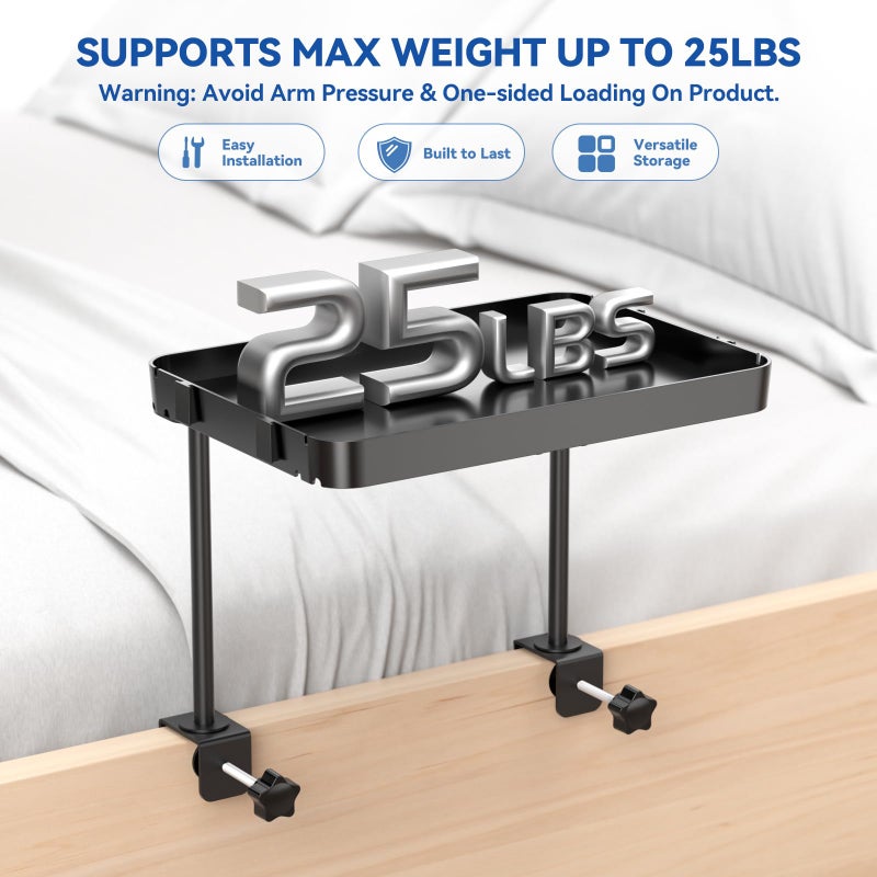 CLESOO Bedside Shelf Bunk Bed Shelf for Top Bunk Clip on Bedside Table Tray Loft Nightstand Attachable Bedside Table Cup Holder Headboard Organizer Attachment 2 Height College Dorm Room Bed Accessories Black - Image 2