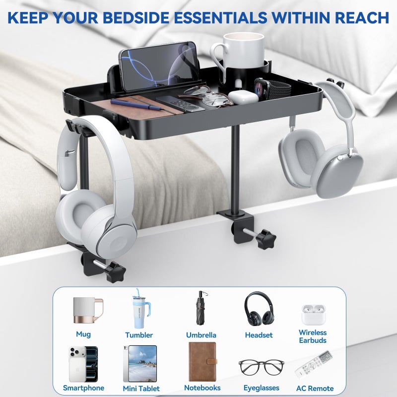 CLESOO Bedside Shelf Bunk Bed Shelf for Top Bunk Clip on Bedside Table Tray Loft Nightstand Attachable Bedside Table Cup Holder Headboard Organizer Attachment 2 Height College Dorm Room Bed Accessories Black - Image 5