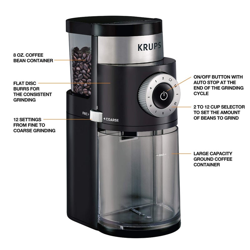 KRUPS Precision Flat Coffee Burr Grinder, 2-12 Cups, Black - Image 2