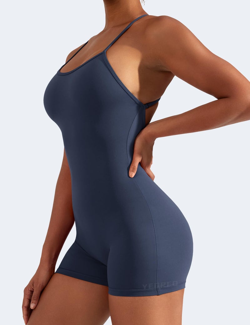 YEOREO Backless Tummy Control Jumpsuits for Women One Piece Workout Jumpsuits Sleeveless V Back Lizvette Scrunch Yoga Rompers Navy S - Image 3