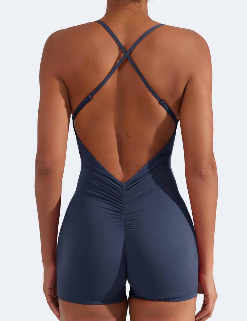 YEOREO Backless Tummy Control Jumpsuits for Women One Piece Workout Jumpsuits Sleeveless V Back Lizvette Scrunch Yoga Rompers Navy S - Image 4