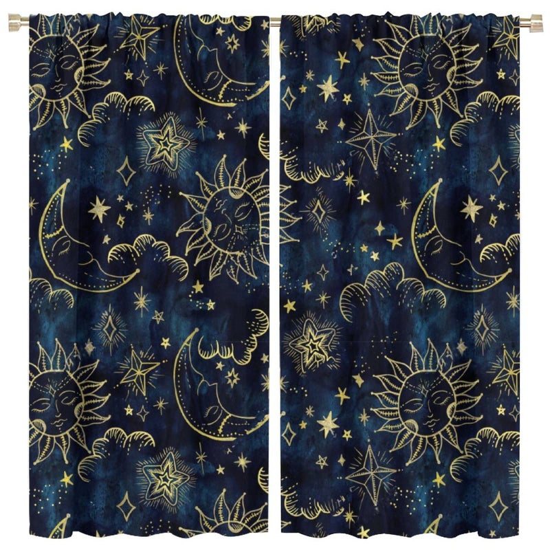 SXXLDNG Sun and Moon Curtains Bohemian Hippie Art Theme Indian Boho Outer Space Cosmos Sun Moon Stars Print Pattern Window Drapes for Living Room Office 2 Panels 42"X 45" - Image 1