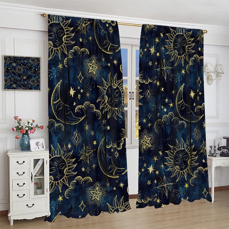 SXXLDNG Sun and Moon Curtains Bohemian Hippie Art Theme Indian Boho Outer Space Cosmos Sun Moon Stars Print Pattern Window Drapes for Living Room Office 2 Panels 42"X 45" - Image 4