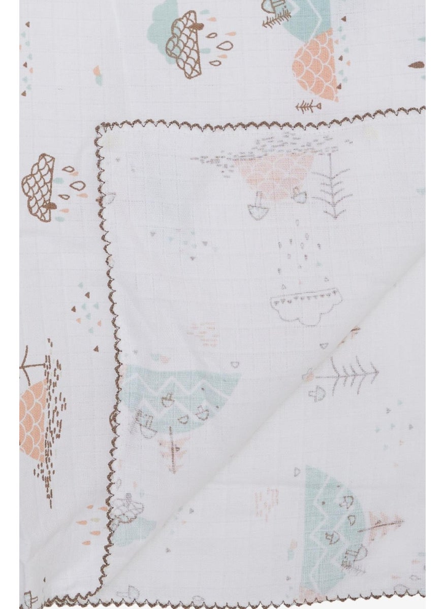 Breeze Newborn Baby Muslin Blanket Rain Themed Tree Pattern Ecru  - Image 2