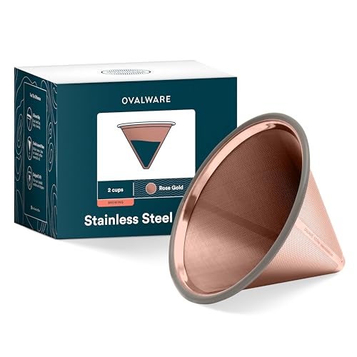 OVALWARE Paperless Stainless Steel Pour Over Coffee Filter – Reusable and Permanent Coffee Cone Dripper for Ovalware, Chemex, Hario and Other Carafes (Titanium Rose Gold) - Image 1