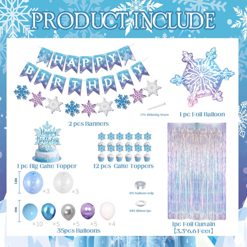 jenmir Frozen Birthday Decorations for Girl,Fringe Curtains,Happy Birthday Banner,Snowflake Foil balloon,Blue Purple Balloons,Cake Toppers - Image 2