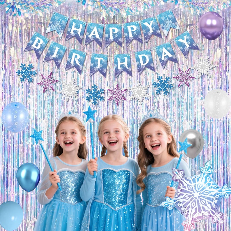 jenmir Frozen Birthday Decorations for Girl,Fringe Curtains,Happy Birthday Banner,Snowflake Foil balloon,Blue Purple Balloons,Cake Toppers - Image 4