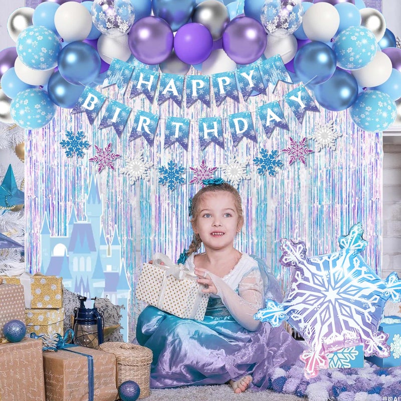jenmir Frozen Birthday Decorations for Girl,Fringe Curtains,Happy Birthday Banner,Snowflake Foil balloon,Blue Purple Balloons,Cake Toppers - Image 3